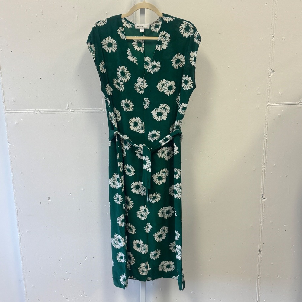 Amour Vert Silk Daisy Floral Midi Dress Green V-Neck Tie Waist Small Summer